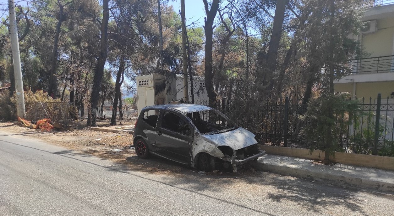 A burnt out car.