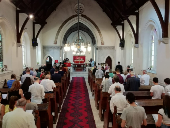 A congregation celebrating the platinum jubilee.