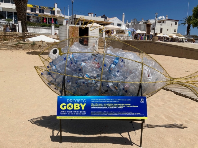Goby the Whale filled with plastic bottles.