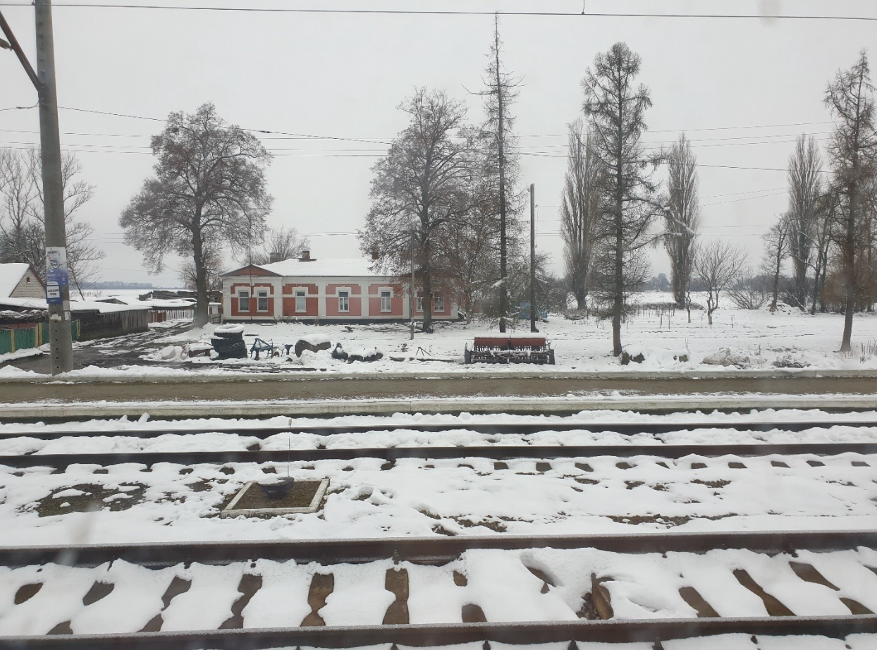 The snowy view from a train window.
