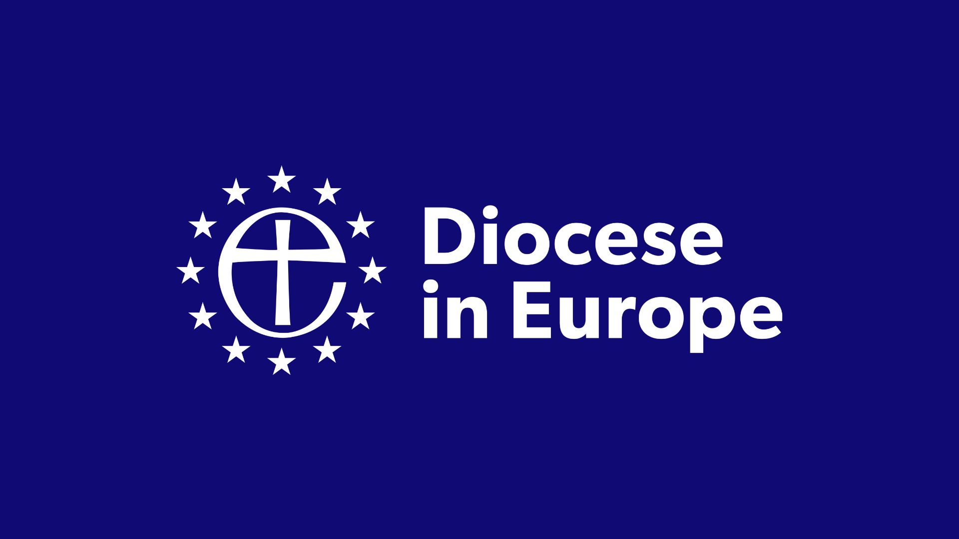 Blue background, white Diocese in Europe logo