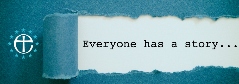 everyone has a story text on torn paper graphic