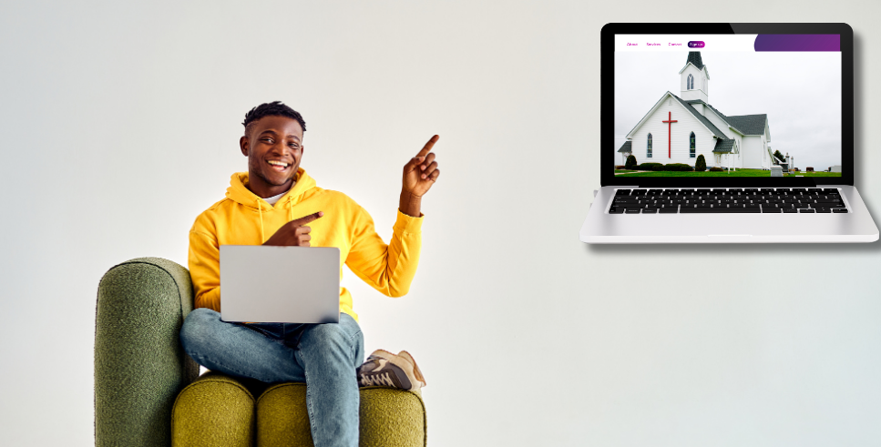 man points at computer