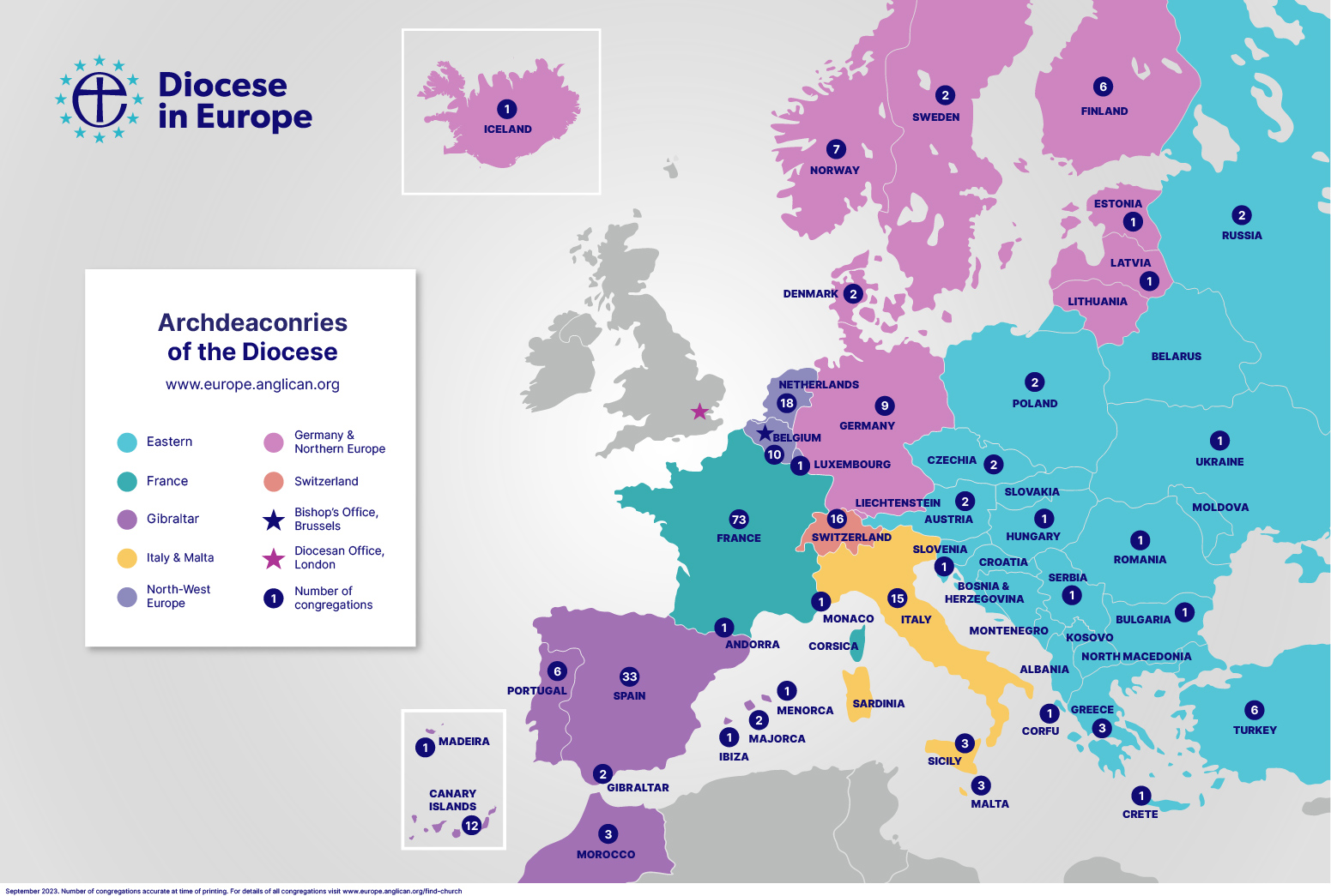 Colour coded map of the archdeaconries of the Diocese in Europe