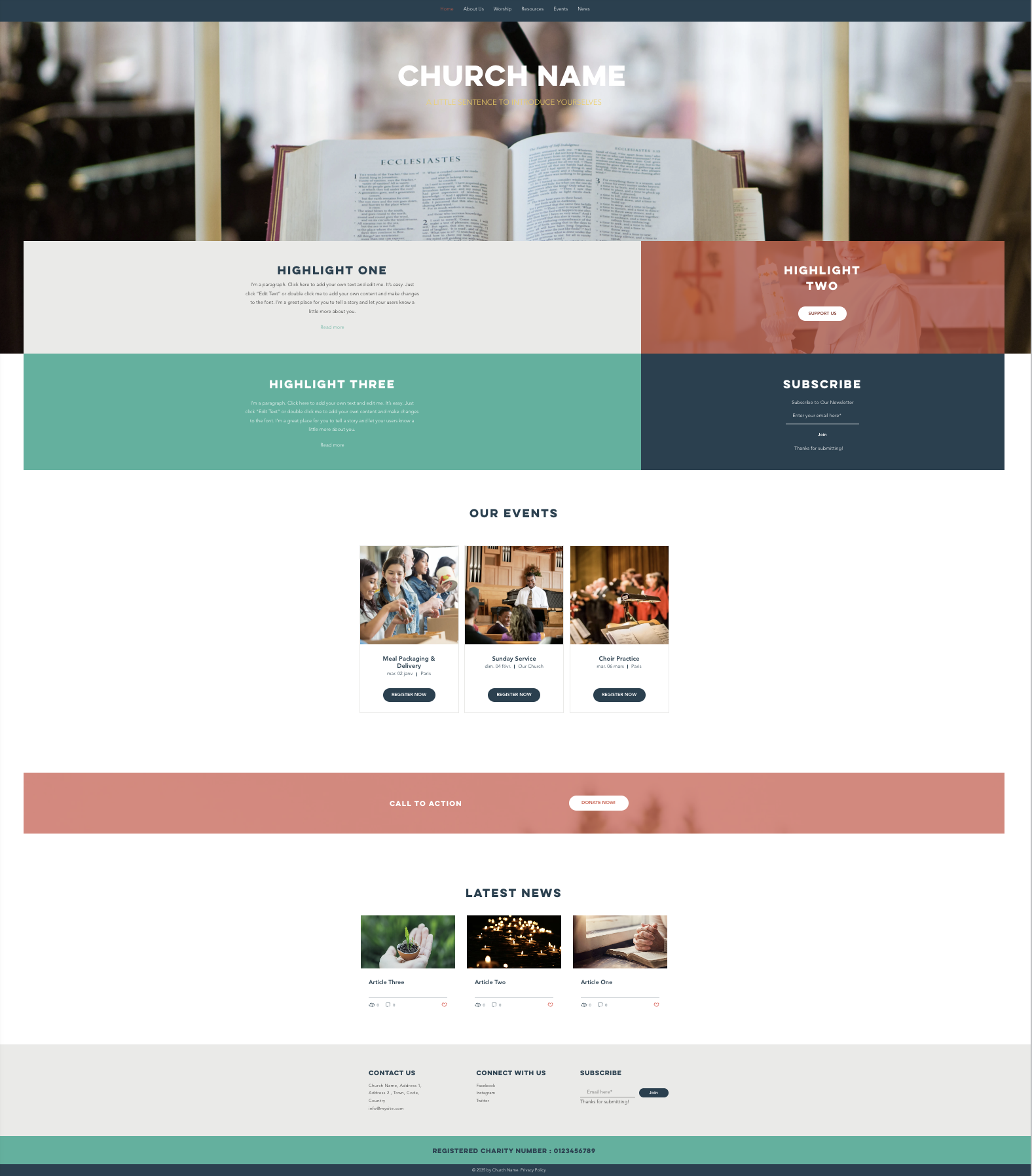 Example website homepage layout with sample text