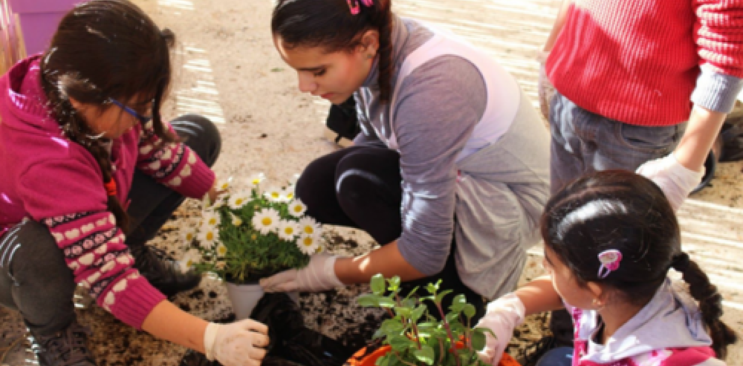 Children planting flowers in pots.