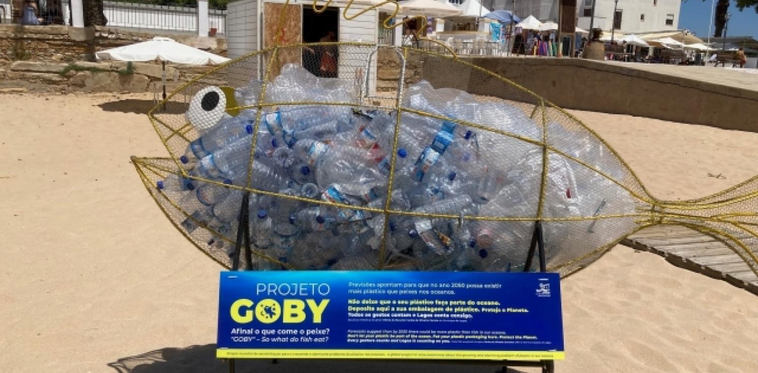 Goby the Whale filled with plastic bottles.