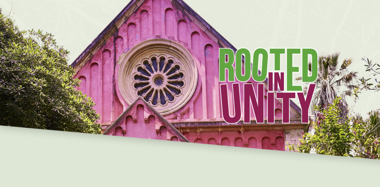 event poster with bright pink church