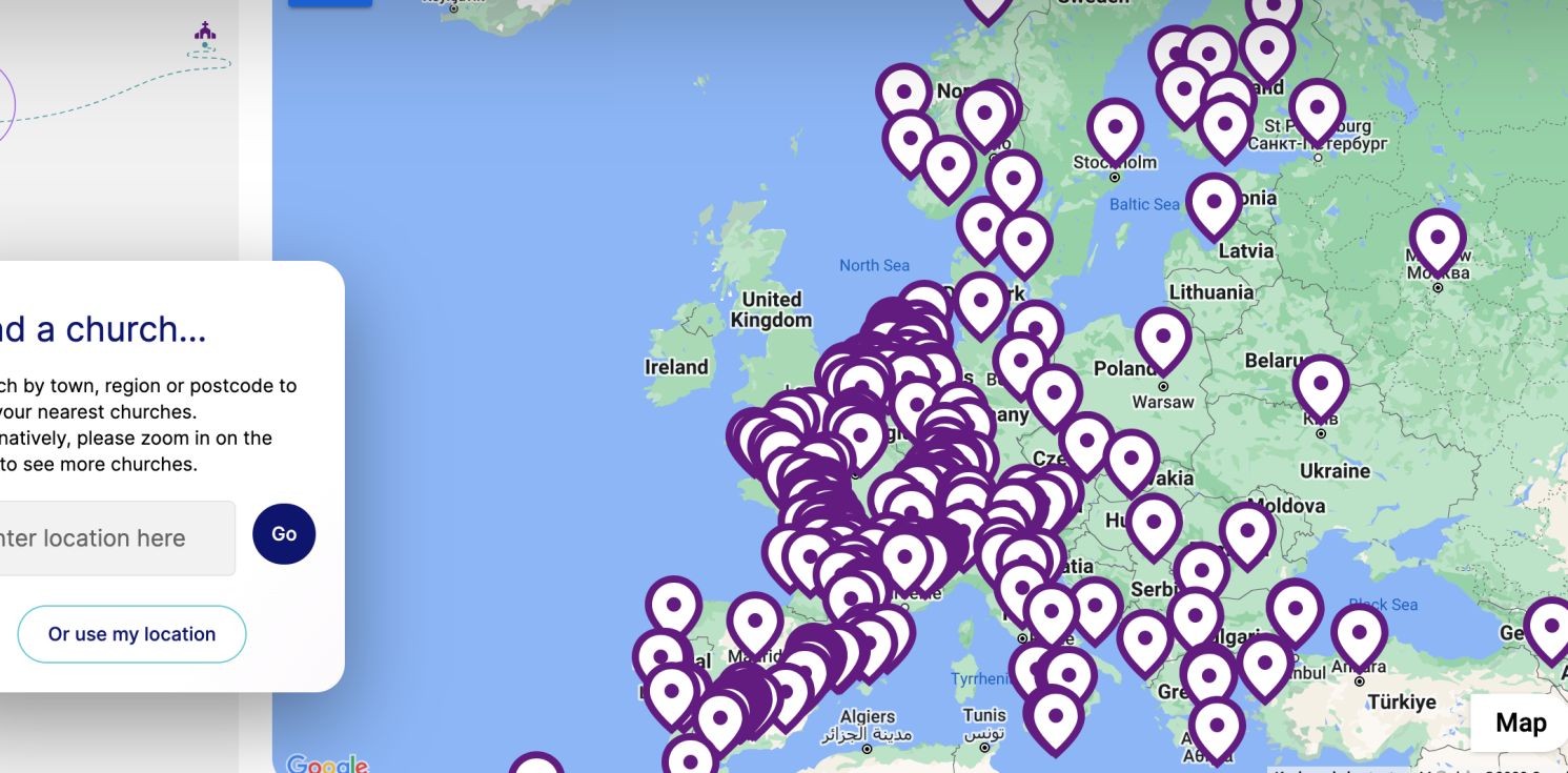 screenshot of find a church map