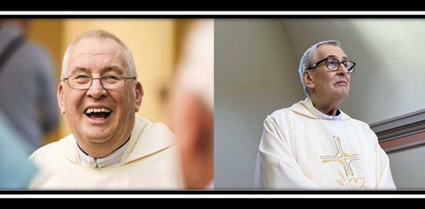 Two portraits of Father Tony Ingham side by side