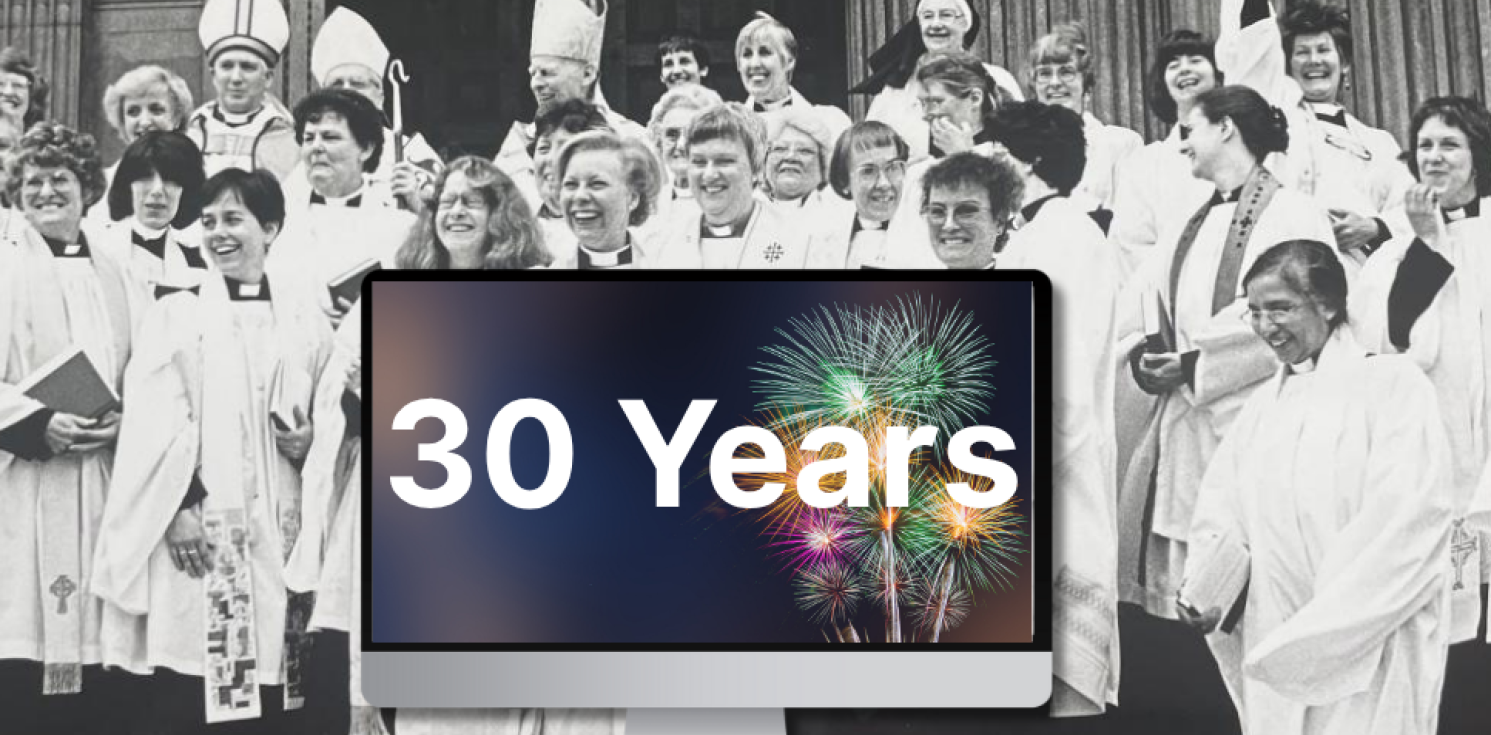 vintage photo of female vicars celebrating with a graphic of a screen on front