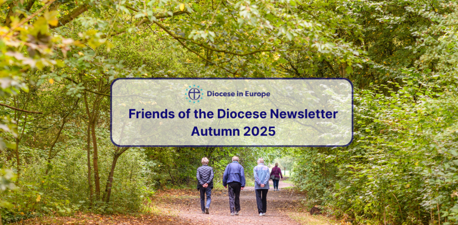 Graphic featuring photo of people walking away down a woodland path