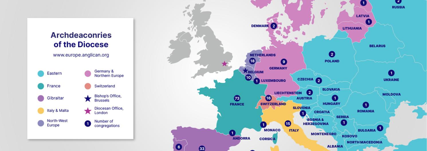 Map of the archdeaconries of the Diocese in Europe