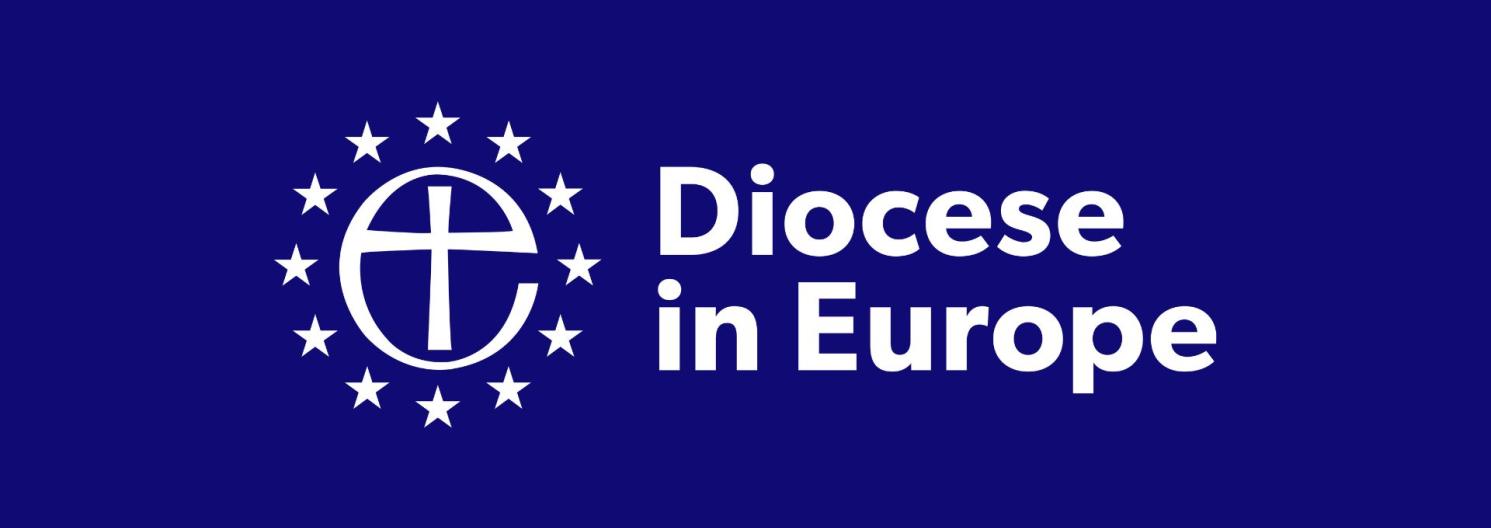 Blue background, white Diocese in Europe logo