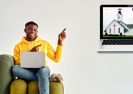 man points at computer