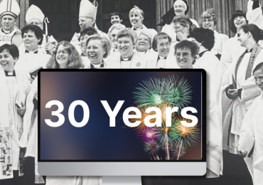 vintage photo of female vicars celebrating with a graphic of a screen on front