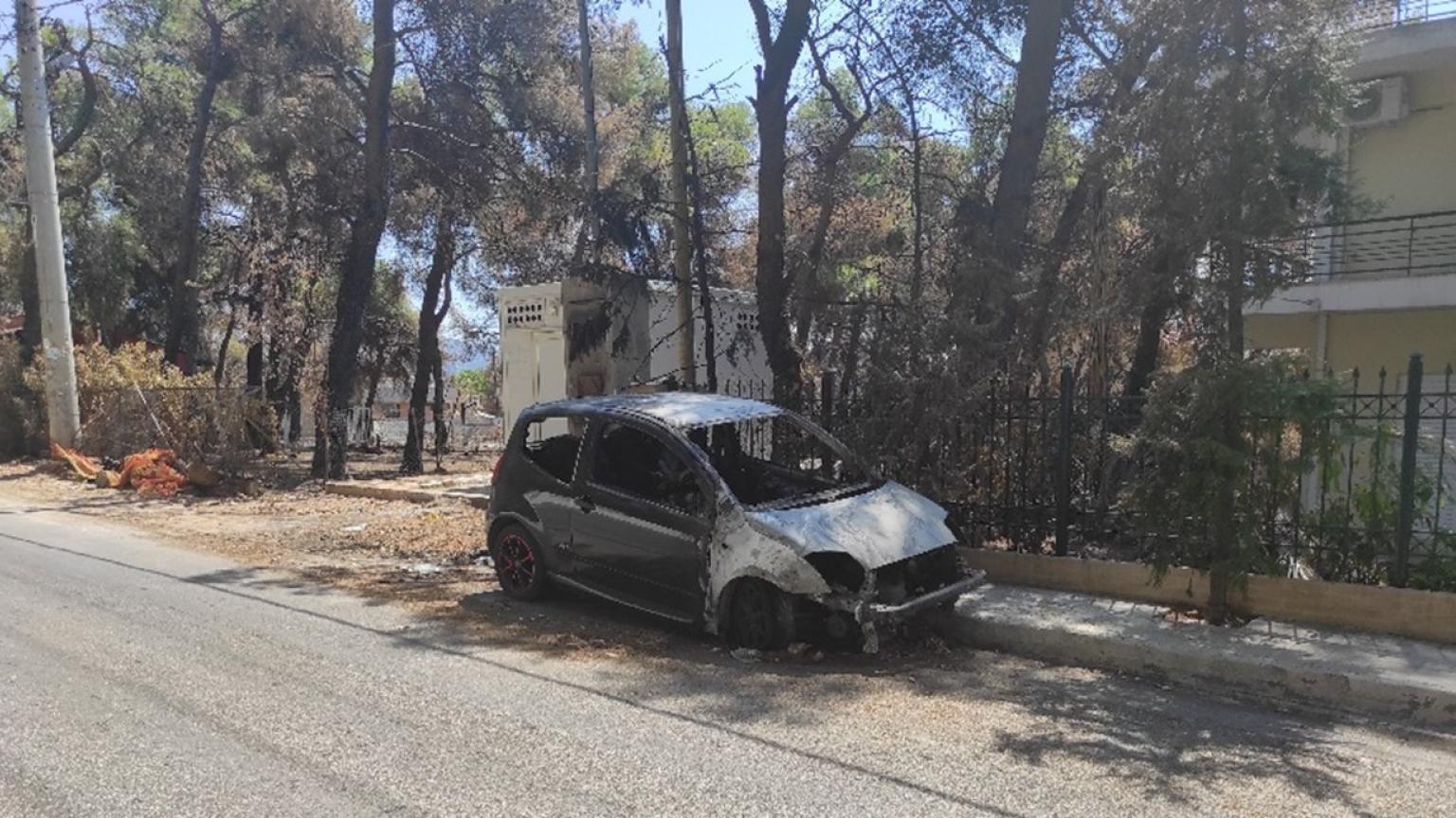 A burnt out car.