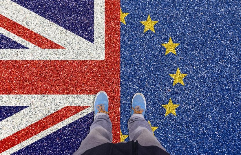 A split union jack and EU Flag.