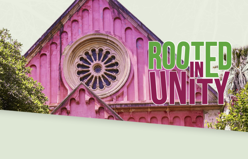 event poster with bright pink church