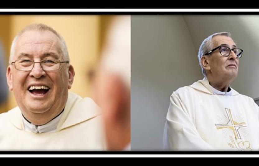 Two portraits of Father Tony Ingham side by side