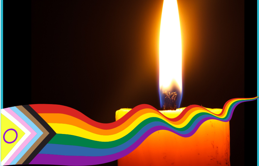 A lit candle behind an LGBTQIA+ ribbon