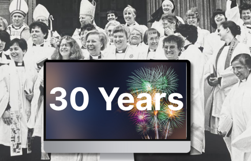 vintage photo of female vicars celebrating with a graphic of a screen on front
