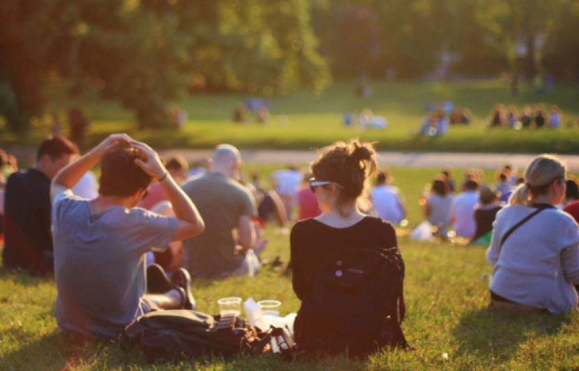 people sitting in a field with their back to the camera