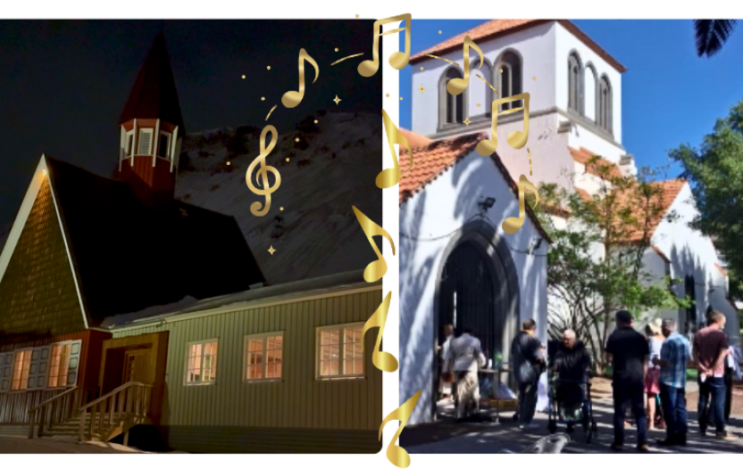 two churches, one in the cold dark the other in the blue sky