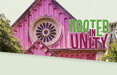 event poster with bright pink church