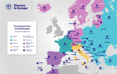 Map of the archdeaconries of the Diocese in Europe