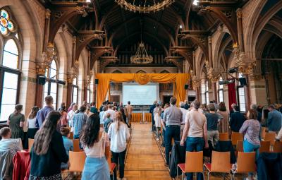 Looking towards the altar from the back of City Kirche Vienna with the congregation in view