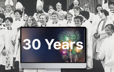 vintage photo of female vicars celebrating with a graphic of a screen on front