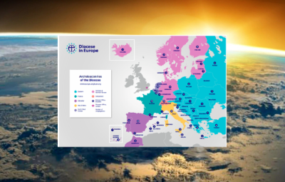 map of the diocese of europe over a satellite earth