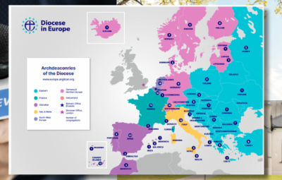 Diocese map on top of two photos