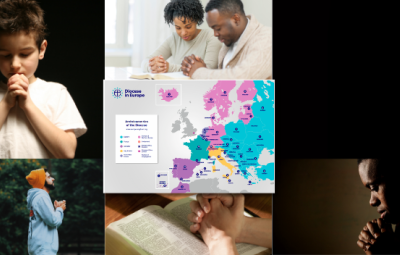 people praying and map of diocese in europe