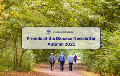 Graphic featuring photo of people walking away down a woodland path