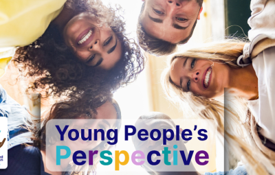 Words on a photo of young people