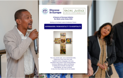 Graphic over an image of 4 people speaking on a stage