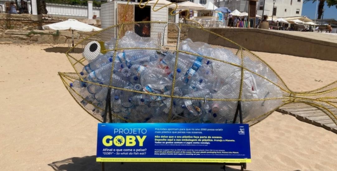 Goby the Whale filled with plastic bottles.