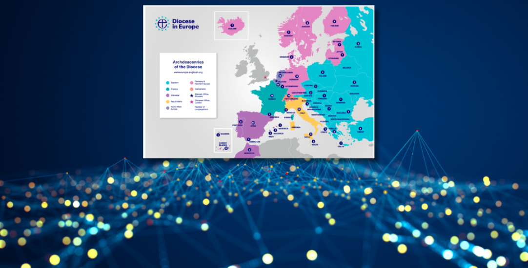 map of diocese in Europe on blue background